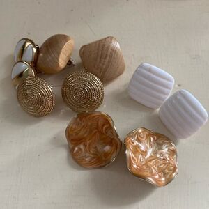 Vintage 80s pierced earrings lot.  White, wood, neutral.